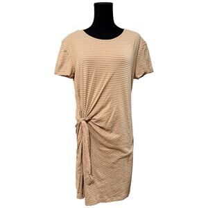 Vince. Dress Side Tie Short Sleeve T-Shirt Dress Tee Stripes Tan White Medium
